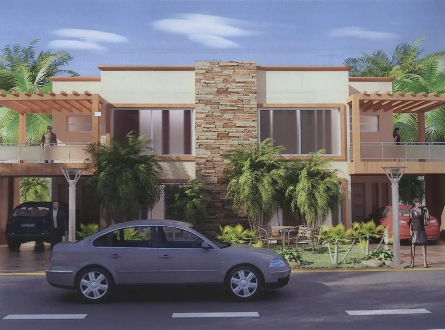 Pair of contemporary homes with a stone feature wall and pergolas